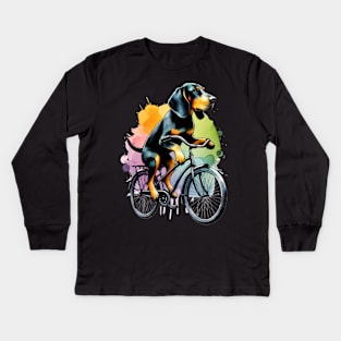 Watercolor Black And Tan Coonhound Biking Kids Long Sleeve T-Shirt